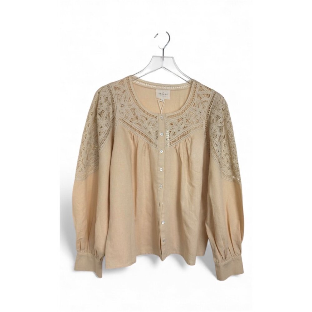 NWT Sézane Donia Blouse Beige Linen/Cotton Blend Lace Long Sleeve T44/UK16/US - Picture 7 of 16